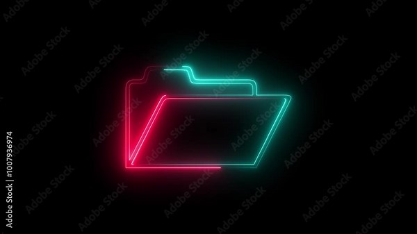Neon glowing mobile device folder icon animated on black background. Animation of folder opening and closing. Computer file folder with documents. Outline neon folder icon red and cyan color icon Stock Video