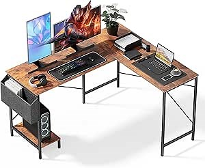 Simple Deluxe L Shaped Desk Gaming Computer 50 Inch Reversible Corner Table PC Work Table for Writing Study Student with Wood Tabletop Metal Frame CPU Stand Side Bag for Home Office Small Place