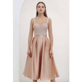 Sleek Side Pockets Pleated A-Line Midi Skirt in Coral
