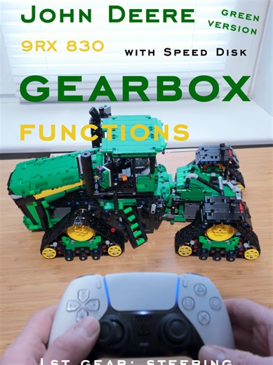 The #legotechnic #johndeere #9rx 830 with speed disk - Green version! The gearbox functions! A #42131 modification - 555 additional parts required. It features a multifunctional gearbox to operate 5 functions remote controlled. The tractor has a 4-track-drive and an articulated steering mechanism. The hood can be opened remote controlled to reveal the 6 cylinder fake engine. The speed disk can be lifted from the ground and it can fold its wings. STL file for optional custom track links included.