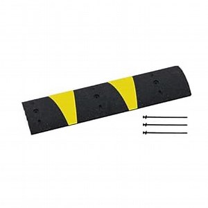 Plasticade 4’ Rubber Speed Bump with Asphalt Hardware, UV-Protected Recycled Rubber, Molded-in Reflective Yellow Stripes with Dual Bottom Drainage for Use in Parking Lots and Low-Speed Roadways