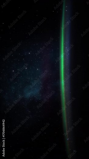 Vertical video of curved green aurora with moving Milky Way, stars, and nebulae in slow motion. Perfect for nature, space science, and development content.