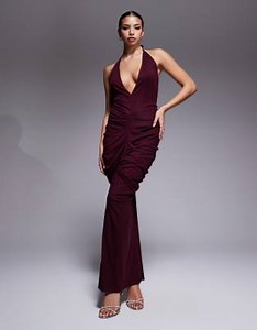 I.AM.GIA Sashi deep plunge neck low back ruched detail maxi dress in plum | ASOS