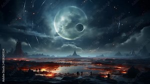 A stunning view of an alien landscape with a glowing sky and a ringed planet. The ground is illuminated by pools of magma.