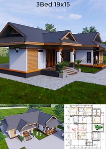Home Design Plans 19x15 Meter 63x49 Feet 3 Beds Hip Roof | Sam HousePlans