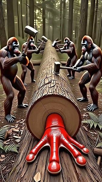 🦍🔥 Gorillas Chop a Log and Discover an Alien Creature! What Is This "Monster Frog"? 😱