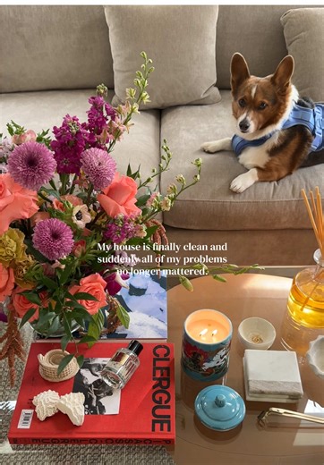 gifted by Glasshouse Fragrances Candles perfume @Glasshouse Fragrances Accent tables Credenza @HomeGoods Rug Roman shades @TWOPAGES Beige couch @Costco Wholesale Orange accent chair bar stools @AllModern @Wayfair