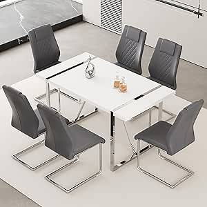 55‘’ Modern Dining Table Set for 6, White Dining Tabletop and Silver Metal Frame, Rectangle Dining Room Table with 6 Dark Grey Upholstered Dining Chairs. Dinner table Set for Kitchen and Dining Room.