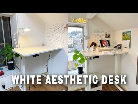 Aesthetic white themed standing desk makeover