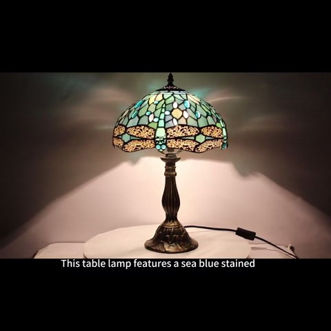 WERFACTORY Tiffany Lamp Sea Blue Stained Glass Table Lamp 18 Inch Dragonfly | 12X12X18 Inches Desk Reading Light S147 Series Style