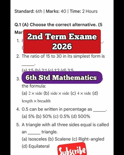 #6th std Maths 2nd Term Exame 2026#6th Std Maths question paper 2nd term 2026#shorts#shortsvideo#gk