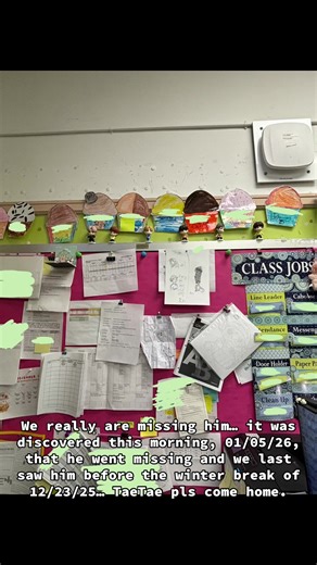 We really are missing him… it was discovered this morning, 01/05/26, that he went missing and we last saw him before the winter break of 12/23/25… TaeTae pls come home. My para and I have been disturbed all day to his absence. We keep looking back to his spot! And it was Jungkook that brought it to my absence by falling on me! We felt he was kidnapped over the break… or…someone knocked him down and the custodian sweeped him into the garbage… (Yes I’m aware we misspelled the name- it was rushed s