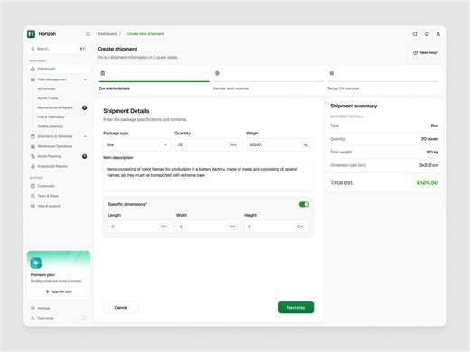 Horizon — Create New Shipment Flow Dashboard