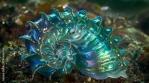Swirls of iridescent blues and greens adorn a delicate sea shell a secret gem of the ocean depths waiting to be discovered by curious explorers. Stock Video