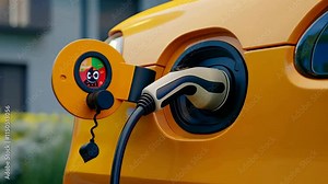 the process of charging an electric vehicle. You can see in close-up how the charging cable is connected to the connector on the car.