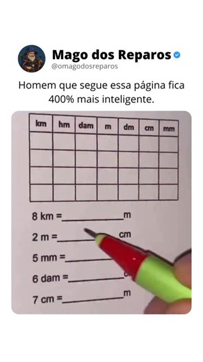 Mago dos Reparos on Instagram: "Esse macete usa a tabela de unidades de medida como um caminho visual, transformando conversão em algo quase automático. Em vez de decorar regras, você só precisa entender a ordem fixa das unidades: quilômetro, hectômetro, decâmetro, metro, decímetro, centímetro e milímetro. Cada casa representa um salto de base 10. O truque funciona assim: você escreve o número exatamente embaixo da unidade de origem e completa as casas seguintes com zeros ou casas decimais até c