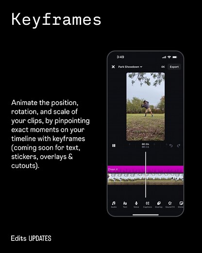 Instagram’s @Creators on Instagram: "You’ve been asking for Keyframes on Edits and we’re so excited to share that it’s finally here, alongside some other updates like new additions to the Ideas tab, voice enhancement and even more text effects. Swipe to learn more! 🤳 ✨"