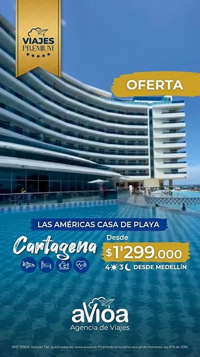 Avioa | Agencia de Viajes on Instagram: "𝗢𝗙𝗘𝗥𝗧𝗔 𝗣𝗥𝗘𝗠𝗜𝗨𝗠 🏨🌟 Las Américas Casa de Playa Cartagena 4 días ☀️ 3 noches 🌙 desde $𝟭'𝟮𝟵𝟵.𝟬𝟬𝟬 ¡Encuentra la combinación perfecta de descanso y diversión frente al mar! 🏖️✨ Disfruta de piscinas, gastronomía premium y actividades para toda la familia. 👨‍👩‍👧‍👦 El plan incluye: ✈️Tiquetes aéreos ida y regreso desde Medellín 🏨Alojamiento en el Hotel Las Américas Casa de Playa 🥐 Desayuno🩺Asistencia médica ✅Impuestos ✅Tarifa adminis