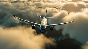 Aerial video of a plane soaring above clouds, captured from a high-angle view, showcasing dramatic | Premium Stock Video Footage
