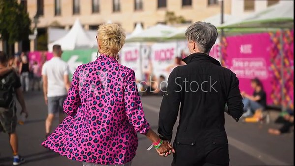 Happy lesbian couple hold hands walk city street. Fun csd lgbtq day. Dressed up middle aged ladies. Same sex lovers coming out. Bi feminist women. Pretty queer gay girls love. Free feminism lgbt pride