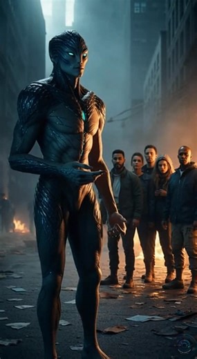 First Contact: A Threat From Beyond A tense first-contact encounter unfolds as a towering humanoid alien confronts five humans in an American city. With controlled movements and an unmistakable sense of threat, the visitor delivers a chilling message that may decide humanity’s fate. A grounded, ultra-realistic sci-fi moment captured in cinematic detail. | Scale Of Everything