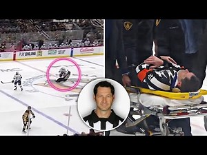 Referee Steve Kozari was taken off the ice on a stretcher following his collision with Haydn Fleury