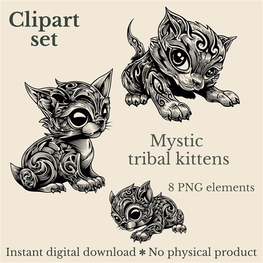 Mystic Tribal Kittens Clipart Set – Magical Tattoo Style Cats – 8 PNG – Digital Download - Etsy