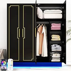 70in LED 4 Doors Armoires Wardrobe Closet&Cabinet with Metal Hanging Rod,Bedroom Black Tall Armoires with RGB LED 60000-color Lights for Bedroom Office Clothes Organizer