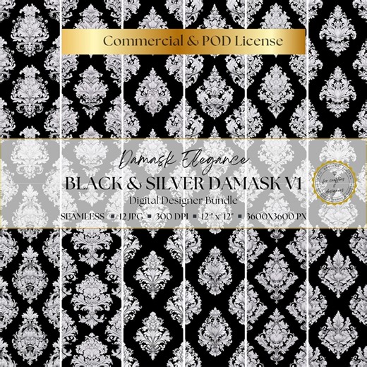 Black & Silver Damask Digital Papers: 12 Seamless Ornamental Backgrounds for Scrapbooking, Junk Journals, Invitations and Card Making - Etsy