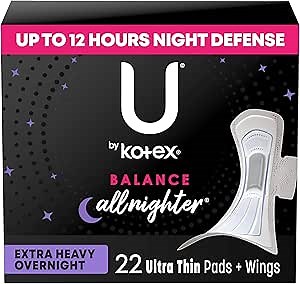 U by Kotex Balance Pads with Wings, Ultra Thin, Overnight, Extra Heavy Absorbency, 22 Count (Packaging May Vary)