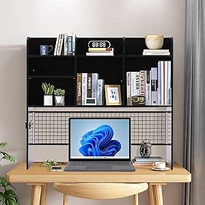 Desktop Bookshelf,3-Tier Dorm Desk Shelf with 7 Storage Organizer Rack,Grid Panel,Power Socket Slot,Adjustable Shelf,Desk Organizer Shelf for Home Office and College Dorm (Black)