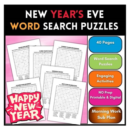 New Year's Eve Word Search Activities Morning Work 4th,5th,6th,7th,8th,9th,10th