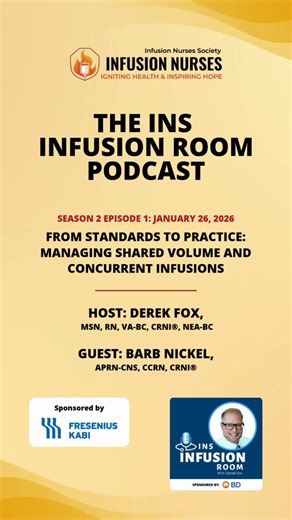 Infusion Nurses Society on Instagram: "It’s here! 🎉 Start IV Nurse Week off strong—Season 2, Episode 1 of the Infusion Room Podcast is live! Barb Nickel explores standards, risks, and best practices for managing shared volume and concurrent infusions. Sponsored by @freseniuskabi Tune in! https://bit.ly/3M62iP8"