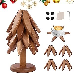 Trivets for Hot Dishes, Tree Trivet Set, Trivets for Hot Pots and Pans, Pot Holders, 4 Wooden Tripods+1 Cute Like a Christmas Tree Trivet, (Beech)