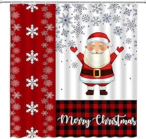 Christmas Santa Shower Curtain Red Black Buffalo Plaid Check Xmas Snowflake Winter Holiday Happy New Year Patchwork Fabric Decor for Bath Curtain with Hook