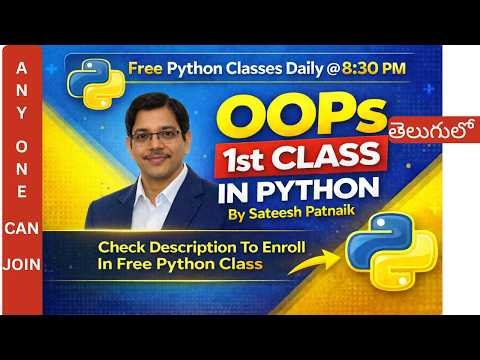 Python OOPs 1st Class in Telugu | Python OOPs Tutorial for Beginners | 1st Class Full Explanation