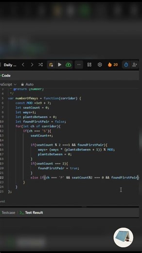 Leetcode 2147: Number of ways to divide a long corridor. #dsa #leetcode #shorts #shortsfeed #coding