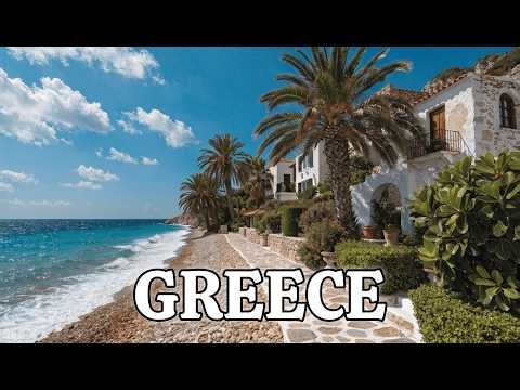 Greece Beach Walk 4K 🇬🇷 Seaside Views, Palm Trees & Traditional Houses | Real Sounds