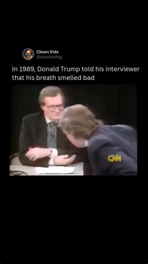 @clownvids on Instagram: "In a memorable and unconventional television moment during a 1989 appearance on CNN’s Larry King Live, Donald Trump abruptly informed the interviewer, Larry King, that King’s breath smelled bad. The incident occurred mid-interview, seemingly out of nowhere, as Trump interrupted a discussion about his business ventures and real estate dealings. He specifically asked King to move his chair back, explicitly stating, “Do you mind if I sit back a little bit because your brea