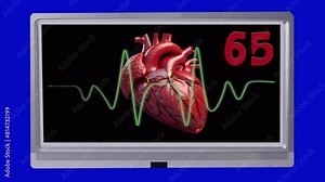 A medical monitor is displayed on a blue background, showing heartbeat count and a pulse graph. The monitor's screen tracks the rhythmic peaks and valleys, illustrating heart activity in real-time