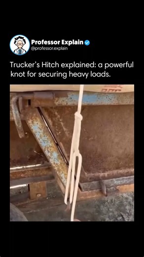 Professor Explain 🤯 on Instagram: "The Trucker Hitch is a highly effective knot for securing heavy loads, using a coil effect that amplifies tension far beyond what hand strength alone can achieve. Start by attaching one end of the rope to a fixed point with a secure knot. Then create a small loop along the rope to serve as a wrap for generating leverage. Next, pass the free end through an anchor on the opposite side of the load, then back through the loop. Pulling the rope increases tension, h