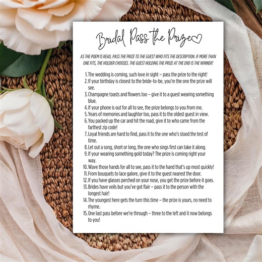 Bridal Shower Game Pass the Prize | Printable Wedding Shower Game & Icebreaker | Fun Poem for Bride-to-be Party | Editable Instant Download - Etsy