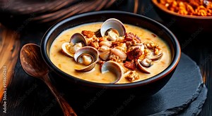Traditional American food Clam Chowder. This dish features a creamy soup with clams, chunks of potatoes, bacon bits, and a rich broth. It is served in a black bowl. Stock Video