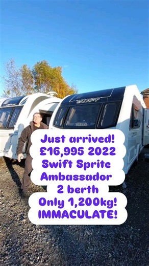 Just arrived! £16,995 2022 IMMACULATE CONDITION! Swift Sprite Ambassador 2 berth Only 1,200kg MTPLM! Solar panel Luxurious modern interior Truma digital thermostat heating and hot water system Finance available up to a 10 year term Part exchange welcome 3 months warranty that could be extended to 12 months Clear Cris check Fully serviced by us to National Caravan Council Standards No damp Swift wood free construction For more info please WhatsApp Tom 07568 511812 so I can WhatsApp you the video,