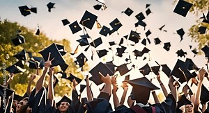 Crowd throwing graduation caps into the air during graduation celebration.