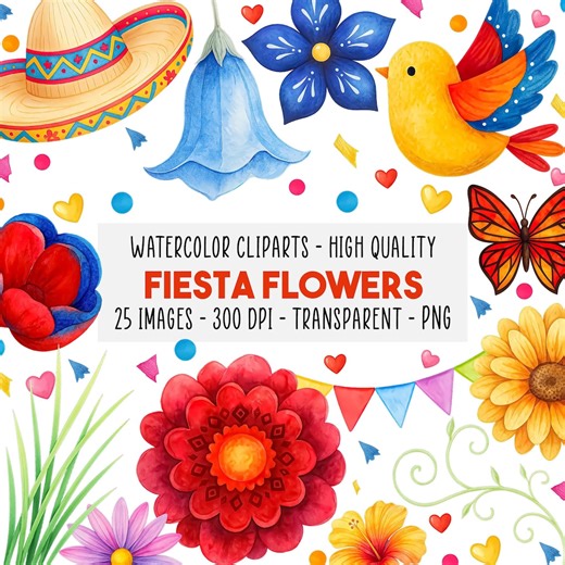 25 Fiesta Flowers Watercolor Clipart PNG, Bright Mexican Floral, Piñata Art, Cinco De Mayo, Party Invitation Graphics, Instant Download - Etsy