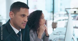 Ideas, training and coworking, man and woman at computer working on project proposal together with advice. Discussion, pitch and coaching, worker and mentor at desk for planning or collaboration.