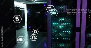 Animation of ecology icons and data processing over server room
