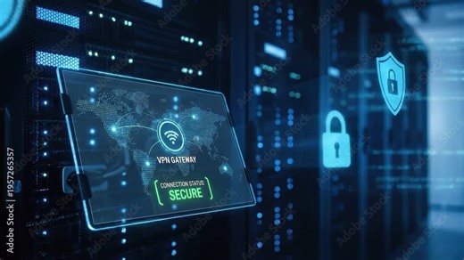 Secure Connection: VPN gateway interface in remote network with floating shield and lock icons