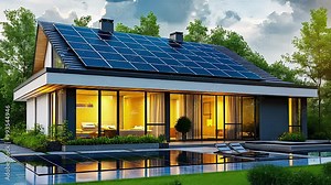 Modern eco-friendly house with solar panels and a backyard pool, highlighting sustainable architecture, renewable energy, and green living.